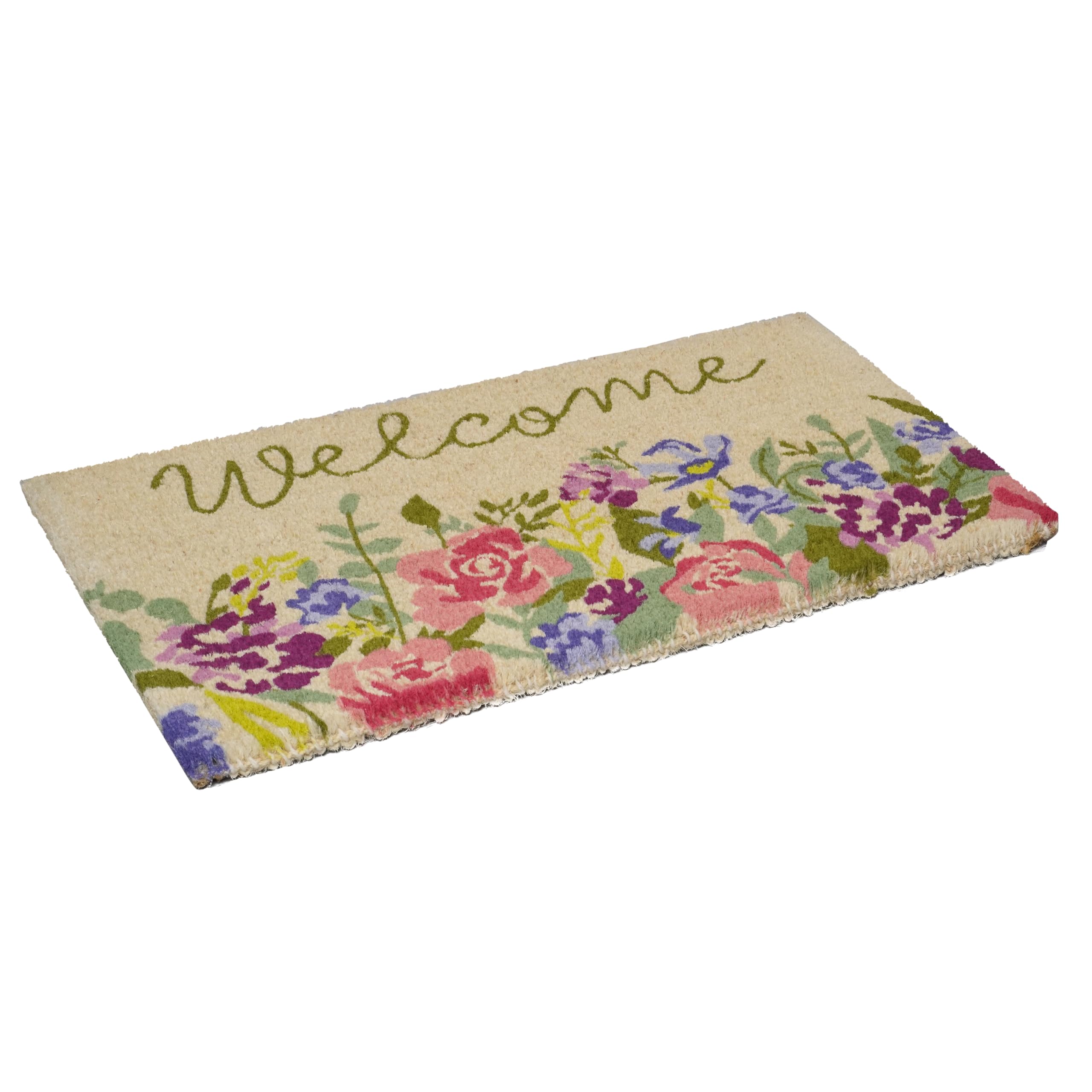 Calloway Mills Welcome Floral Doormat material-coir closeup highlights renewable eco-friendly fiber