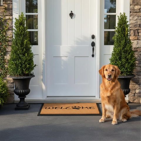 Calloway Mills Welcome Paw Doormat coir scrape close-up removes dirt at threshold