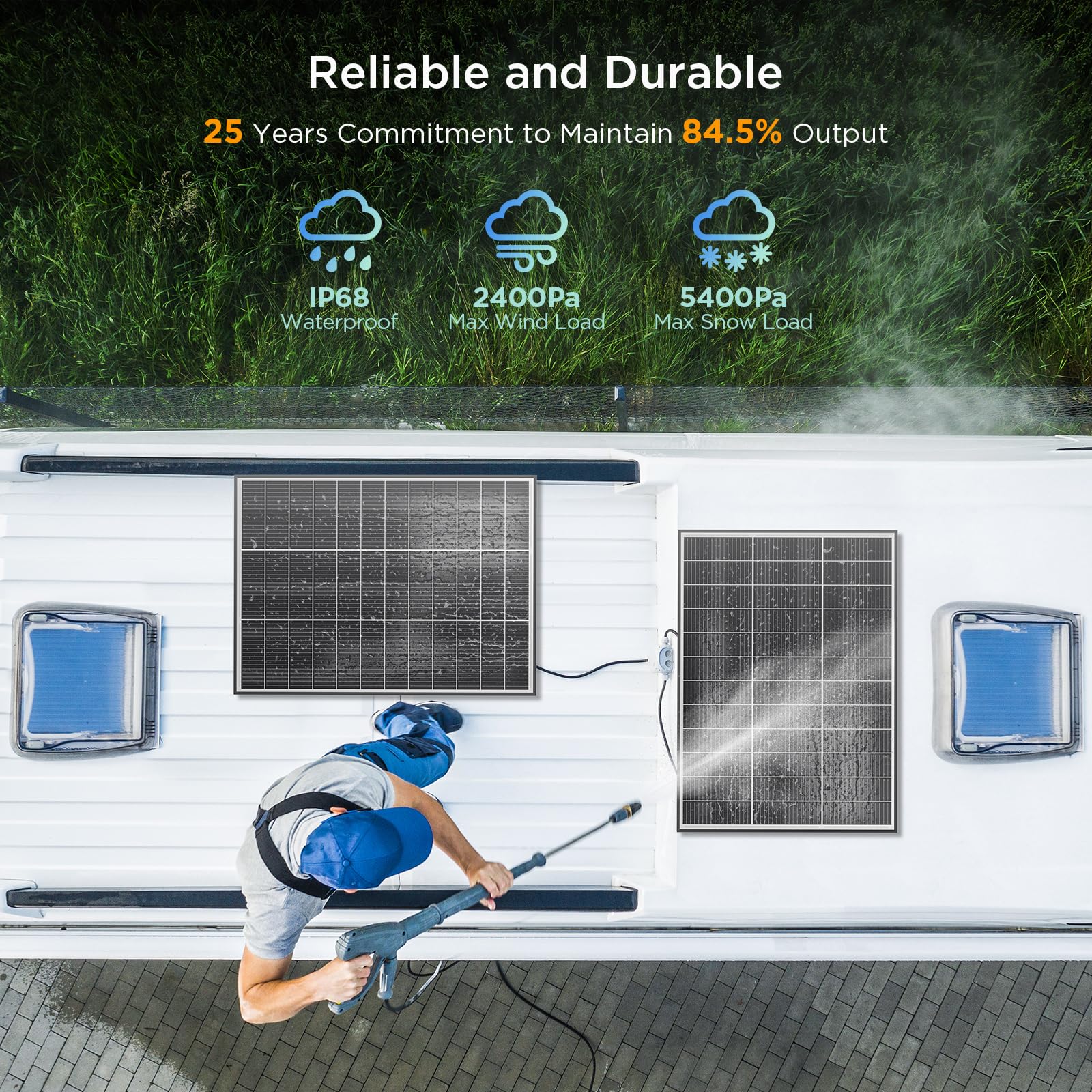 Callsun N-Type 16BB 200W panel on an RV roof for travel power