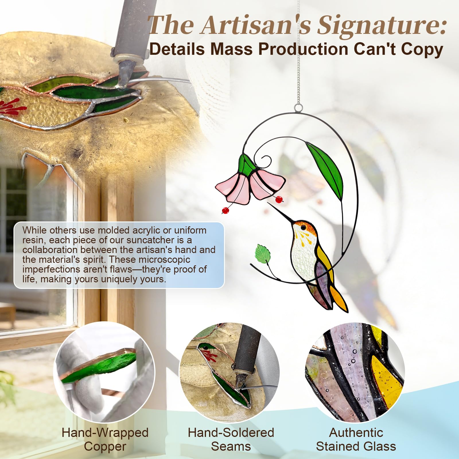 Calmpathz hummingbird suncatcher with flower accents creates garden-inspired beauty