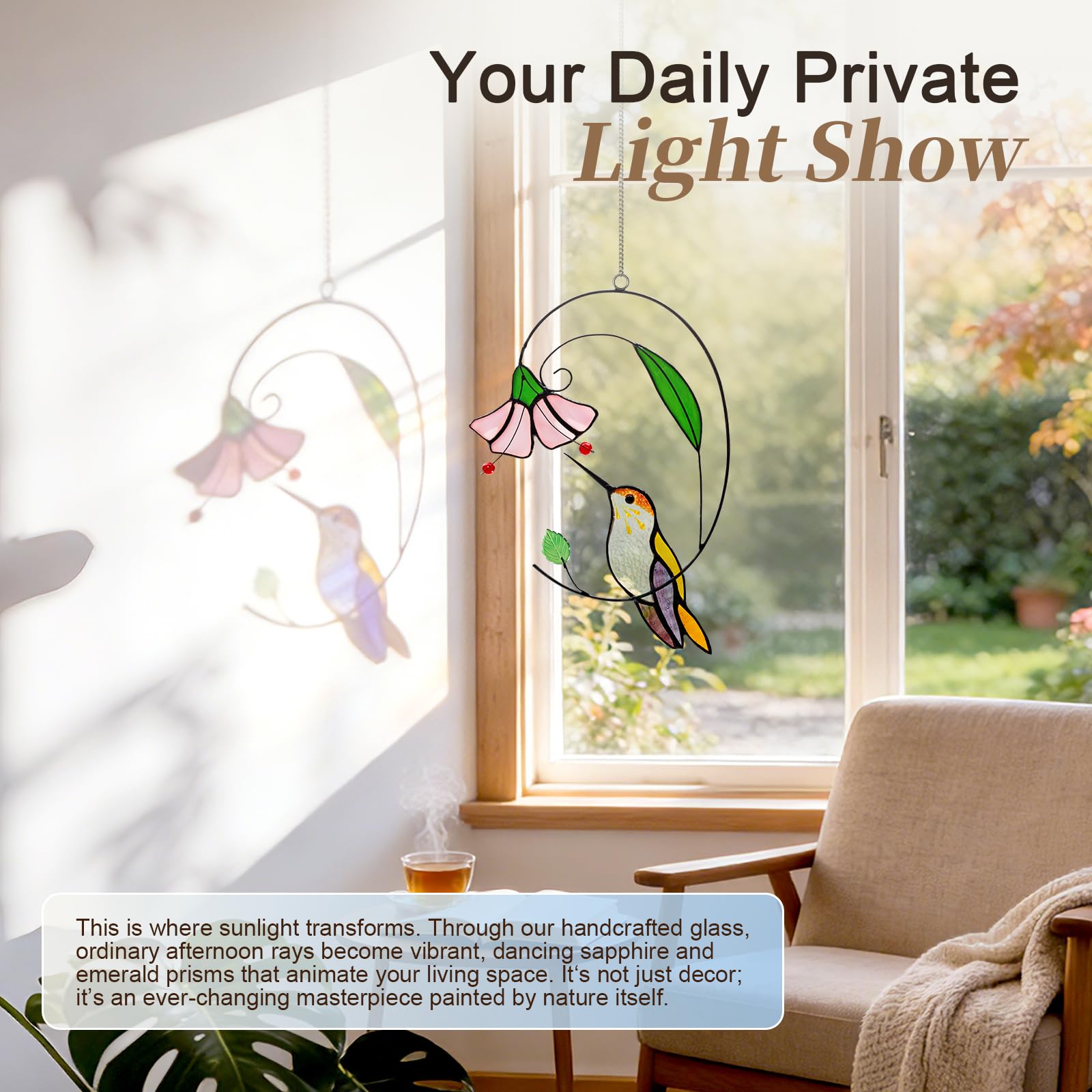 Calmpathz hummingbird glass detail reveals copper foil craftsmanship for a timeless look