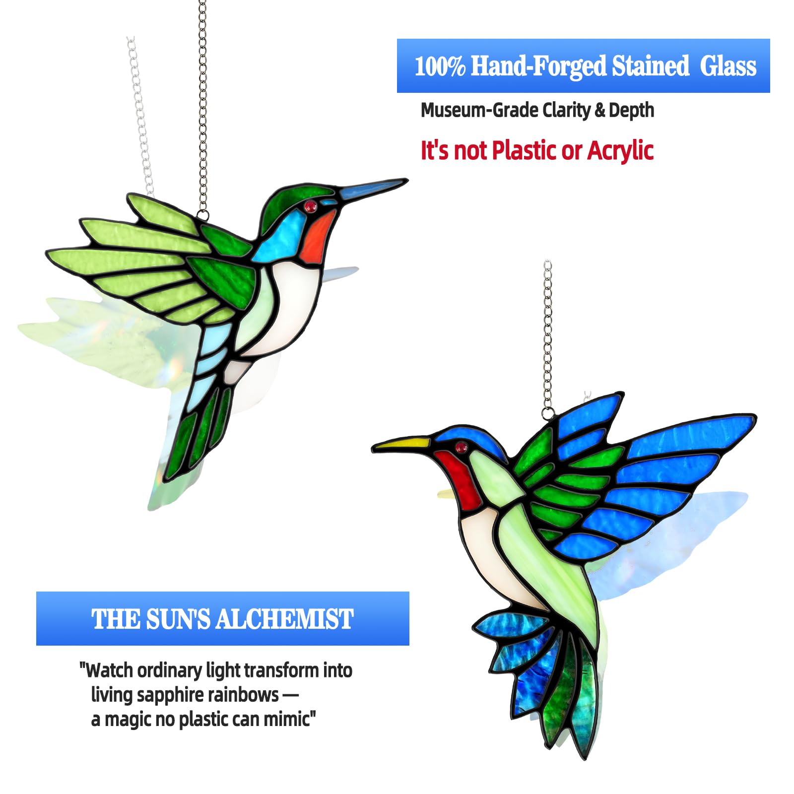 Calmpathz hummingbird suncatcher close-up showing copper foil edges and glass details
