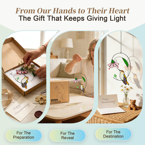 Calmpathz suction hooks provide easy, secure hanging for the hummingbird suncatcher