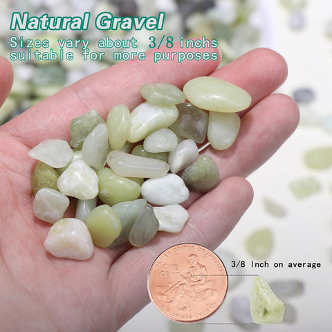 Calofulston jade pebbles arranged in a vase add natural color and texture