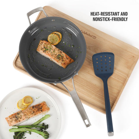 Calphalon Edge silicone slotted turner demonstrates flexible yet sturdy construction