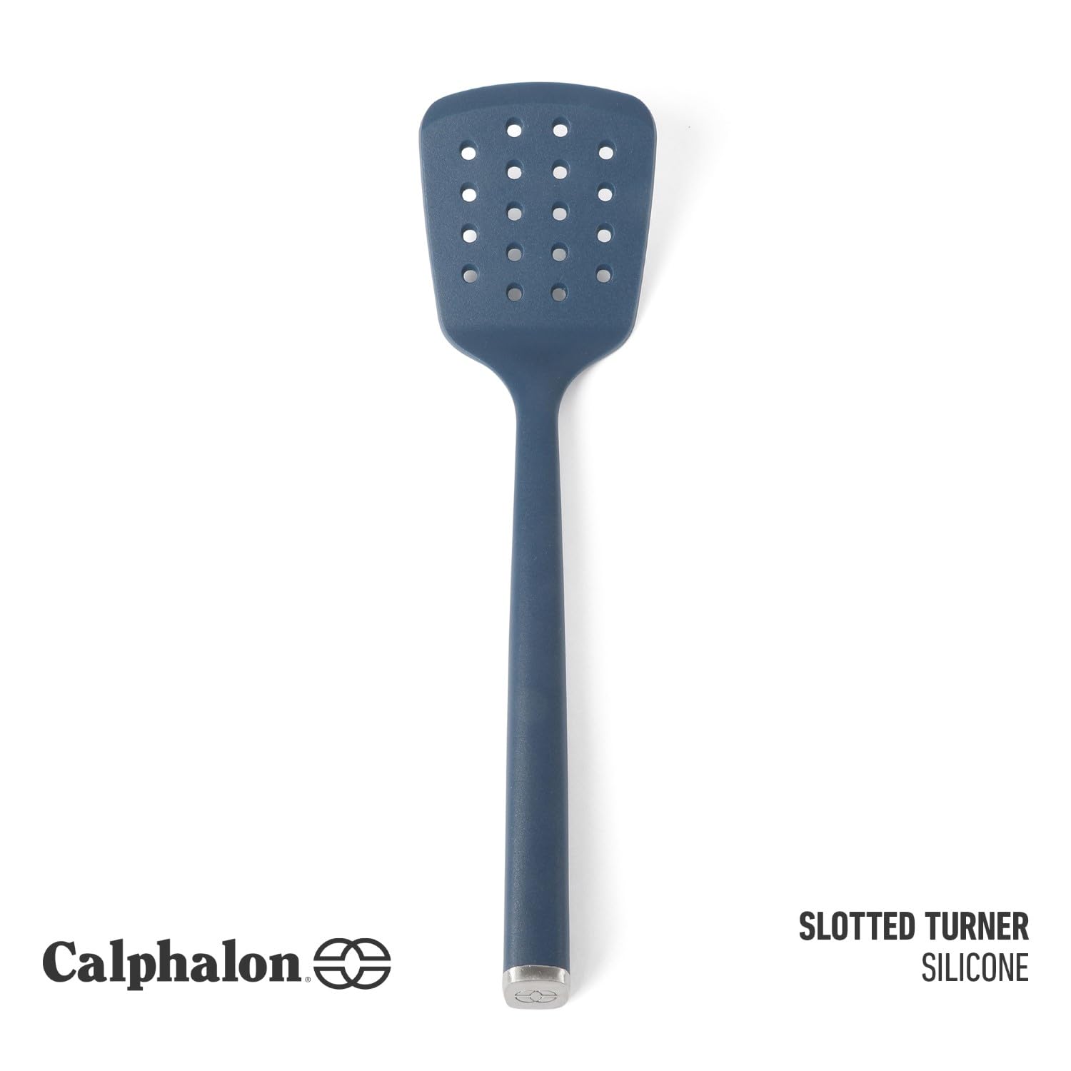 Calphalon Edge navy blue turner slotted head shows drainage while lifting food