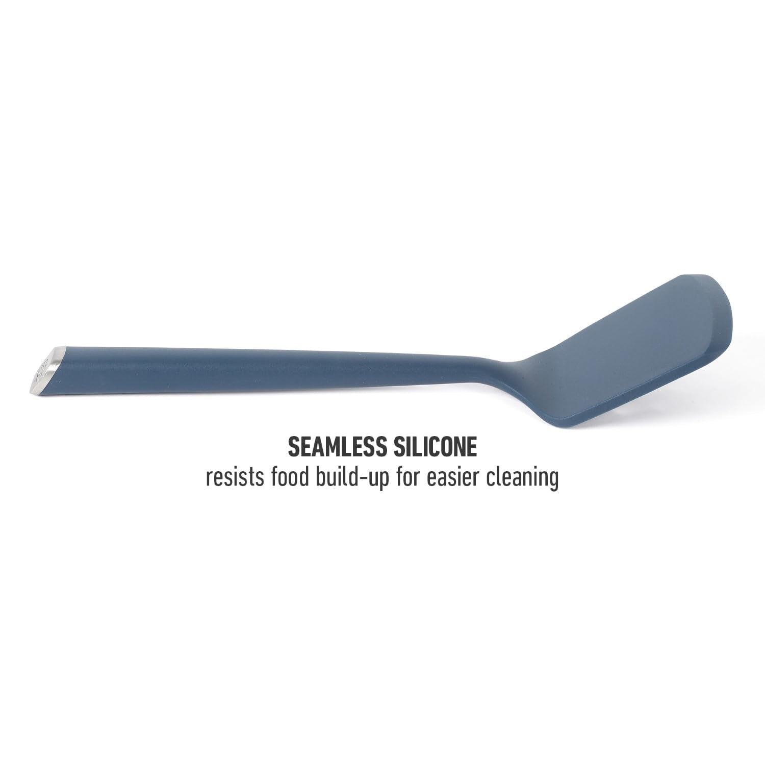 Calphalon Edge navy silicone turner protects enamel and delicate coatings during flipping.