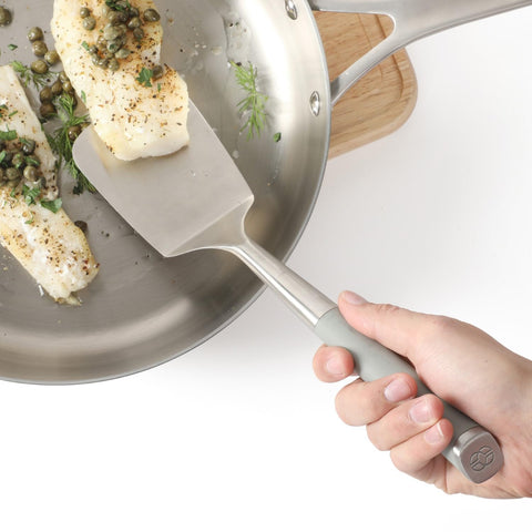 Calphalon Edge stainless steel turner with square blade for secure lifting