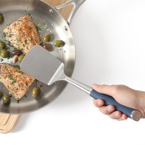 Close-up of Calphalon Edge stainless steel turner blade durability