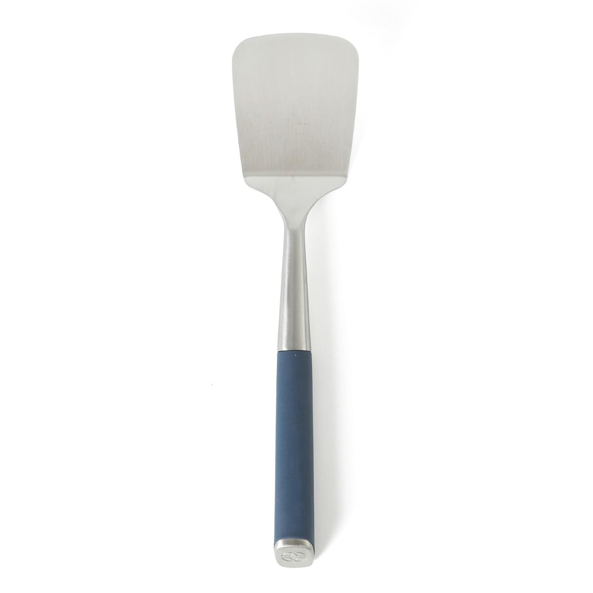 Calphalon Edge stainless steel turner with navy blue handle, versatile flipping