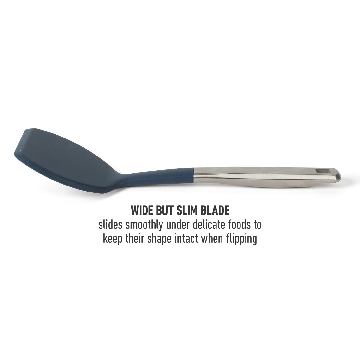 Heat-resistant silicone head shines under high heat while protecting cookware.