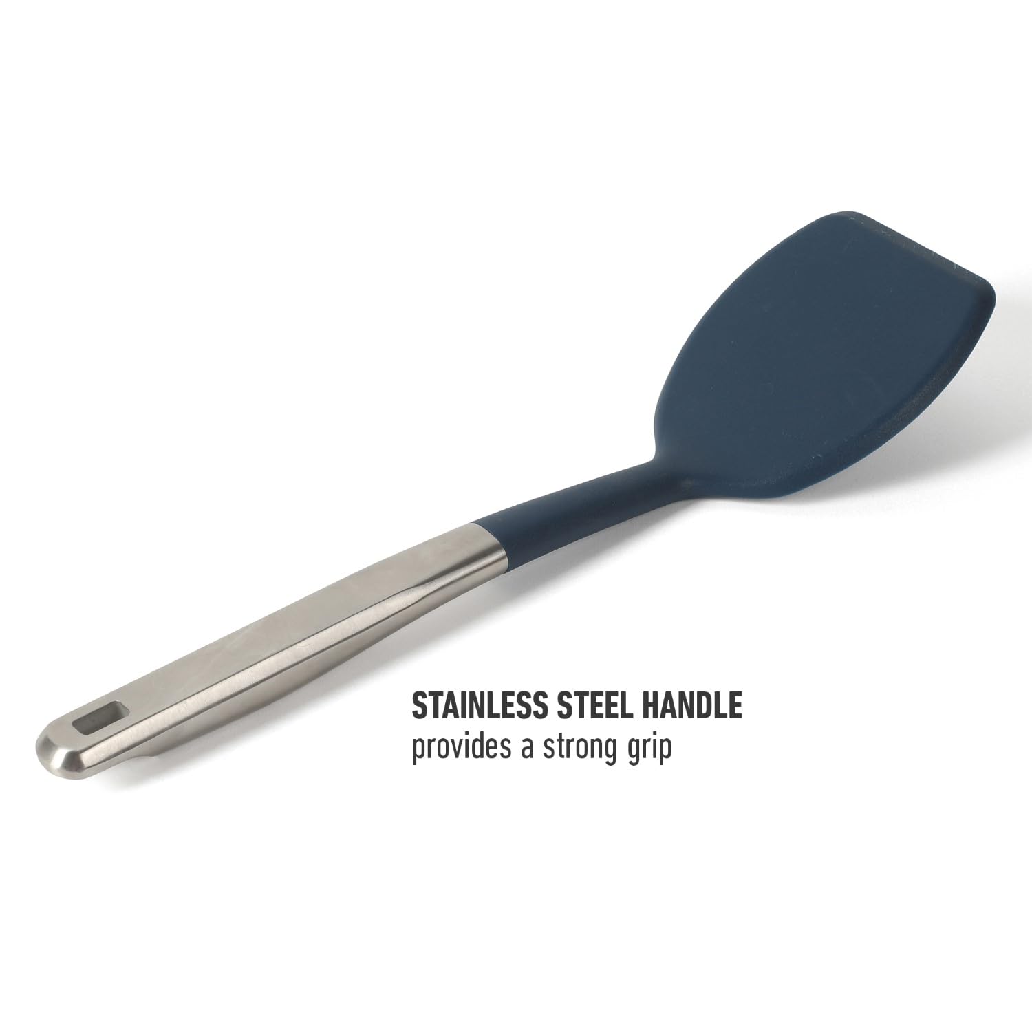 Silicone head lifts thick chowders without scratching nonstick surfaces.