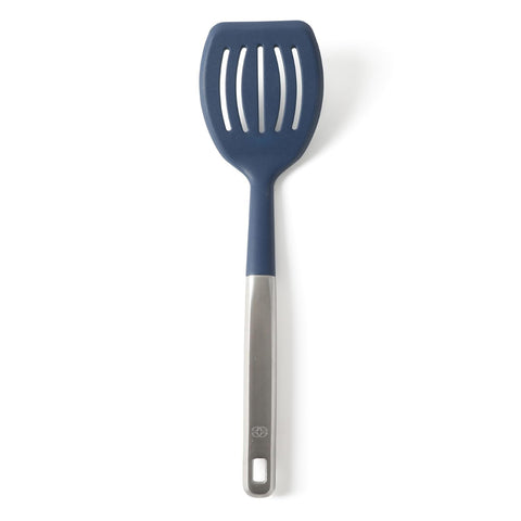 Calphalon Prime slotted turner with navy silicone head for nonstick protection
