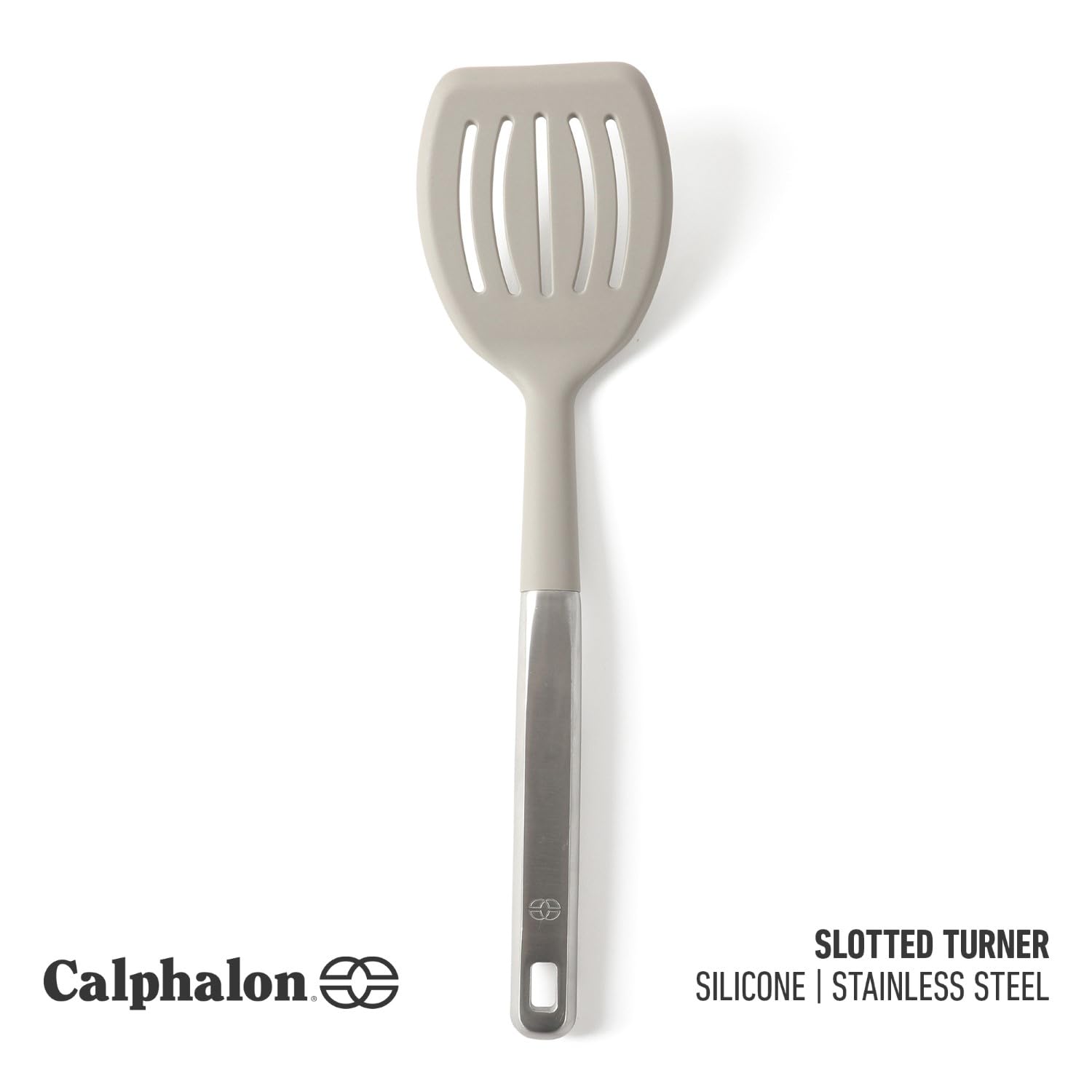 Calphalon Prime slotted turner front view with taupe silicone head for control
