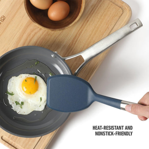 Sturdy stainless steel handle on Calphalon Prime Turner provides a confident grip.