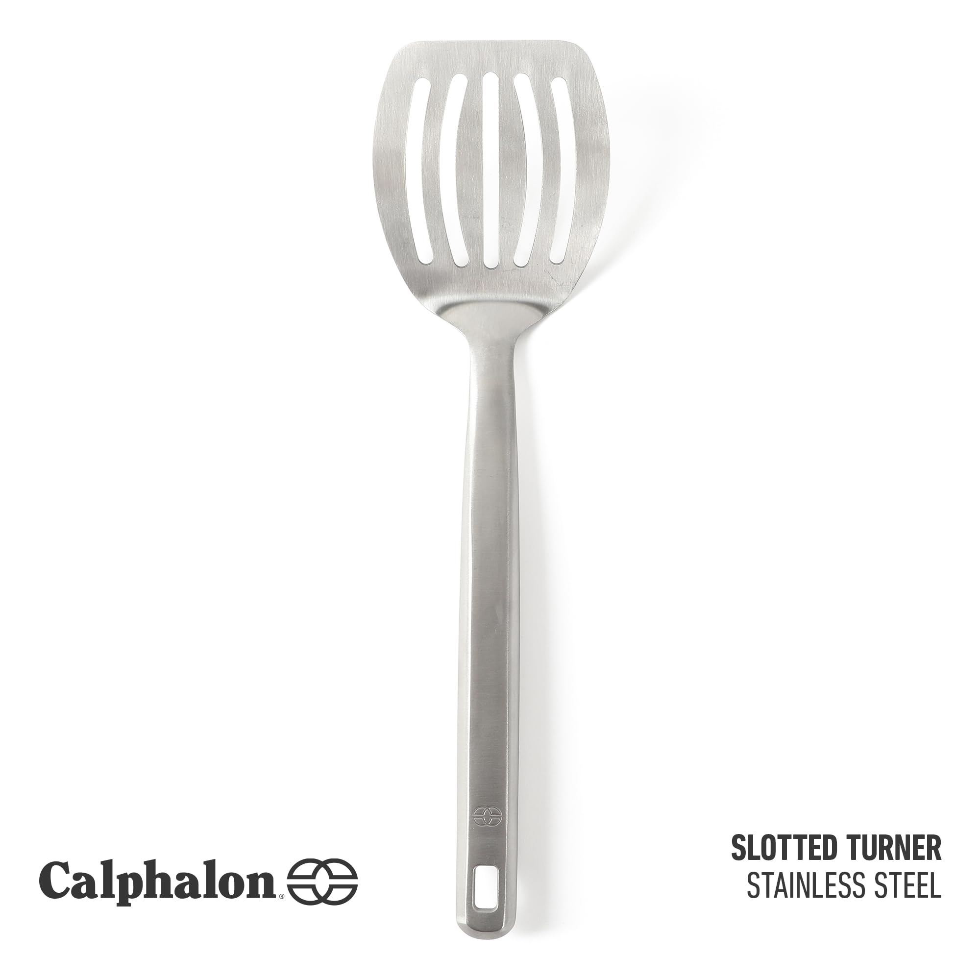 Calphalon Prime turner with stainless steel handle provides a sturdy grip.