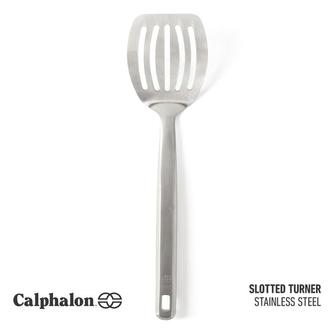 Calphalon Prime turner with stainless steel handle provides a sturdy grip.
