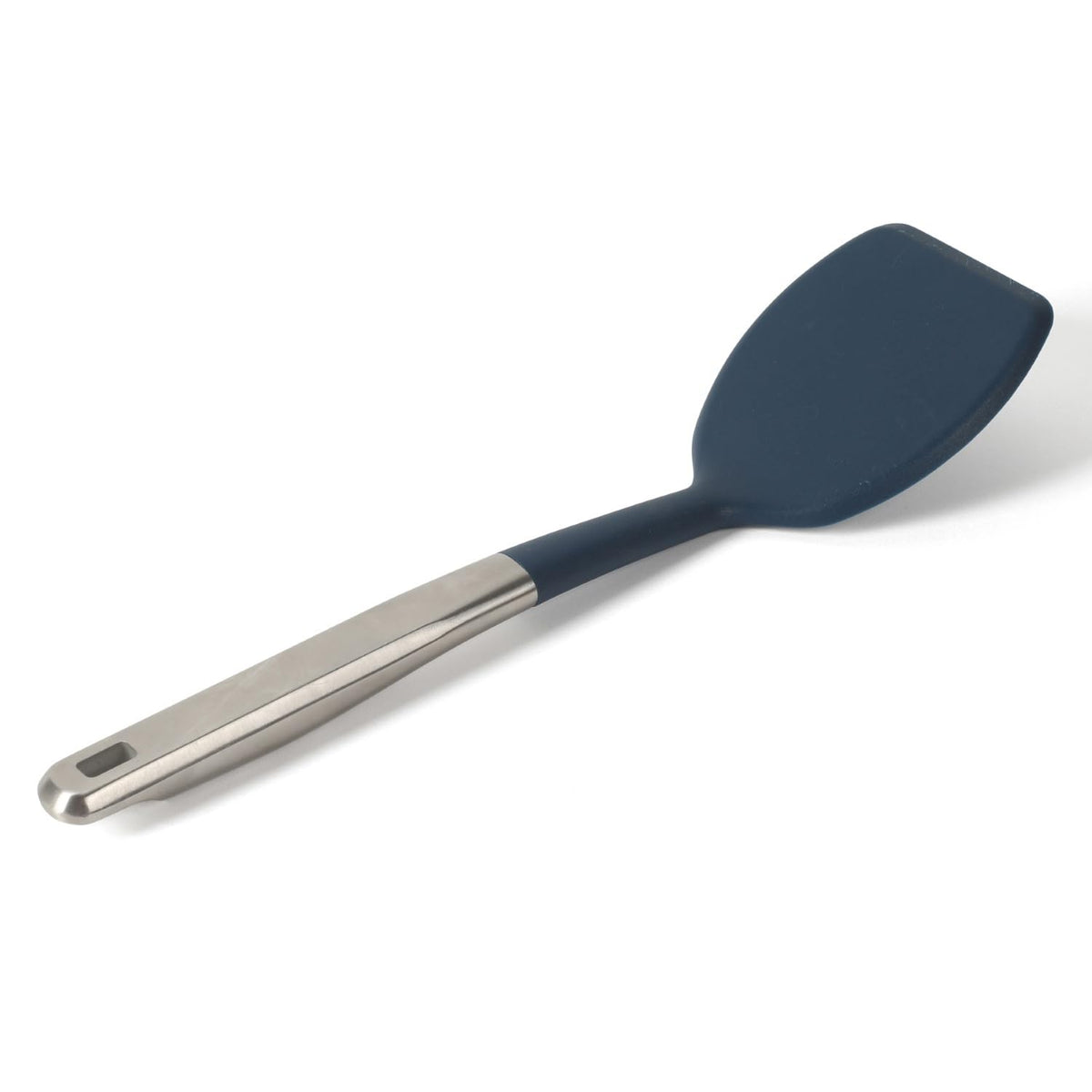 Calphalon Prime stainless steel Turner with navy silicone head protects nonstick surfaces while flipping.