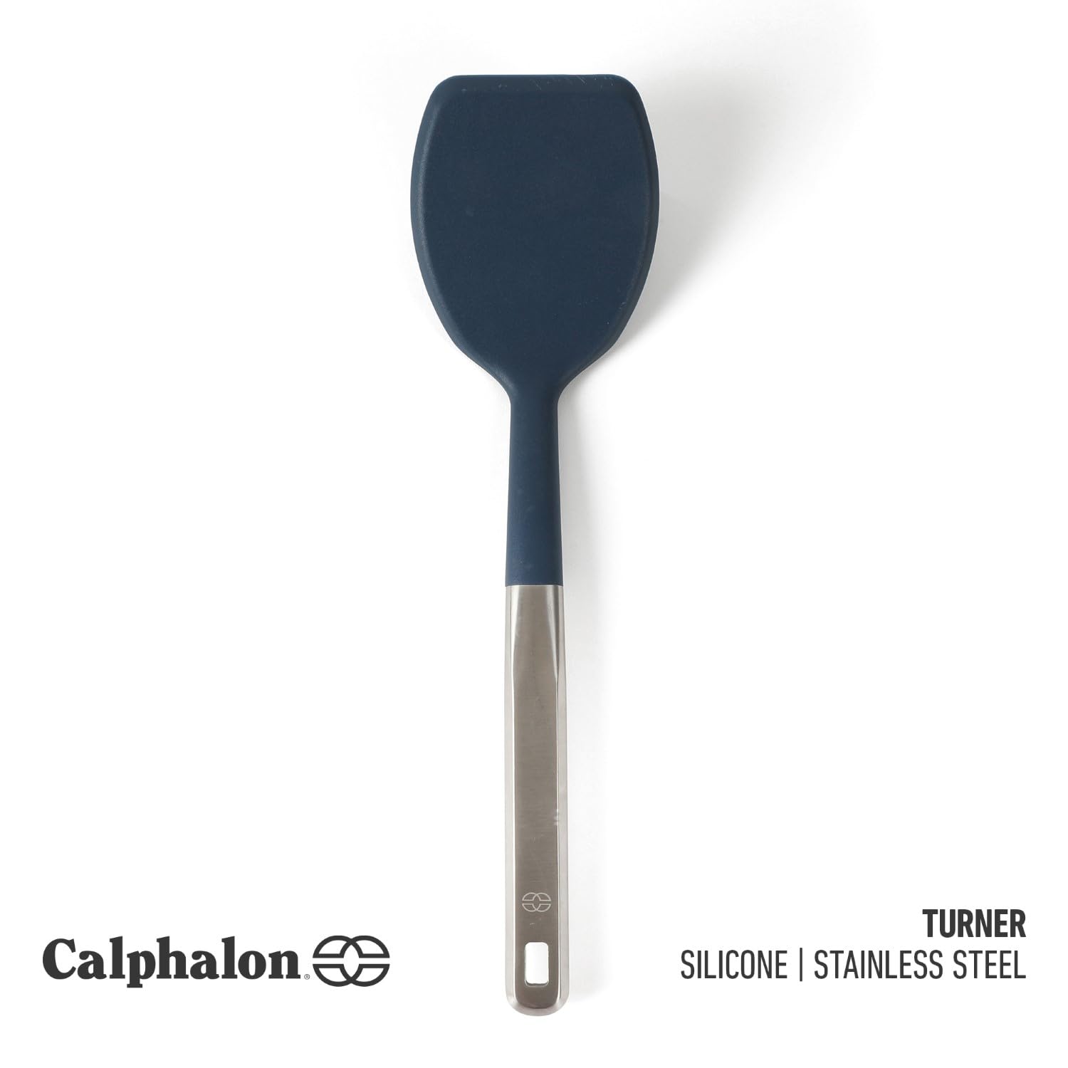 Close-up of navy silicone head on Calphalon Prime Turner for smooth, safe stirring.