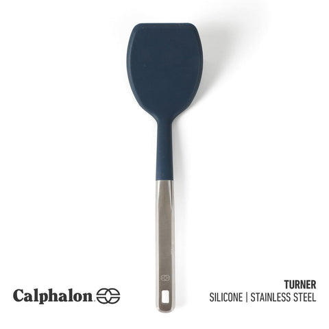 Close-up of navy silicone head on Calphalon Prime Turner for smooth, safe stirring.
