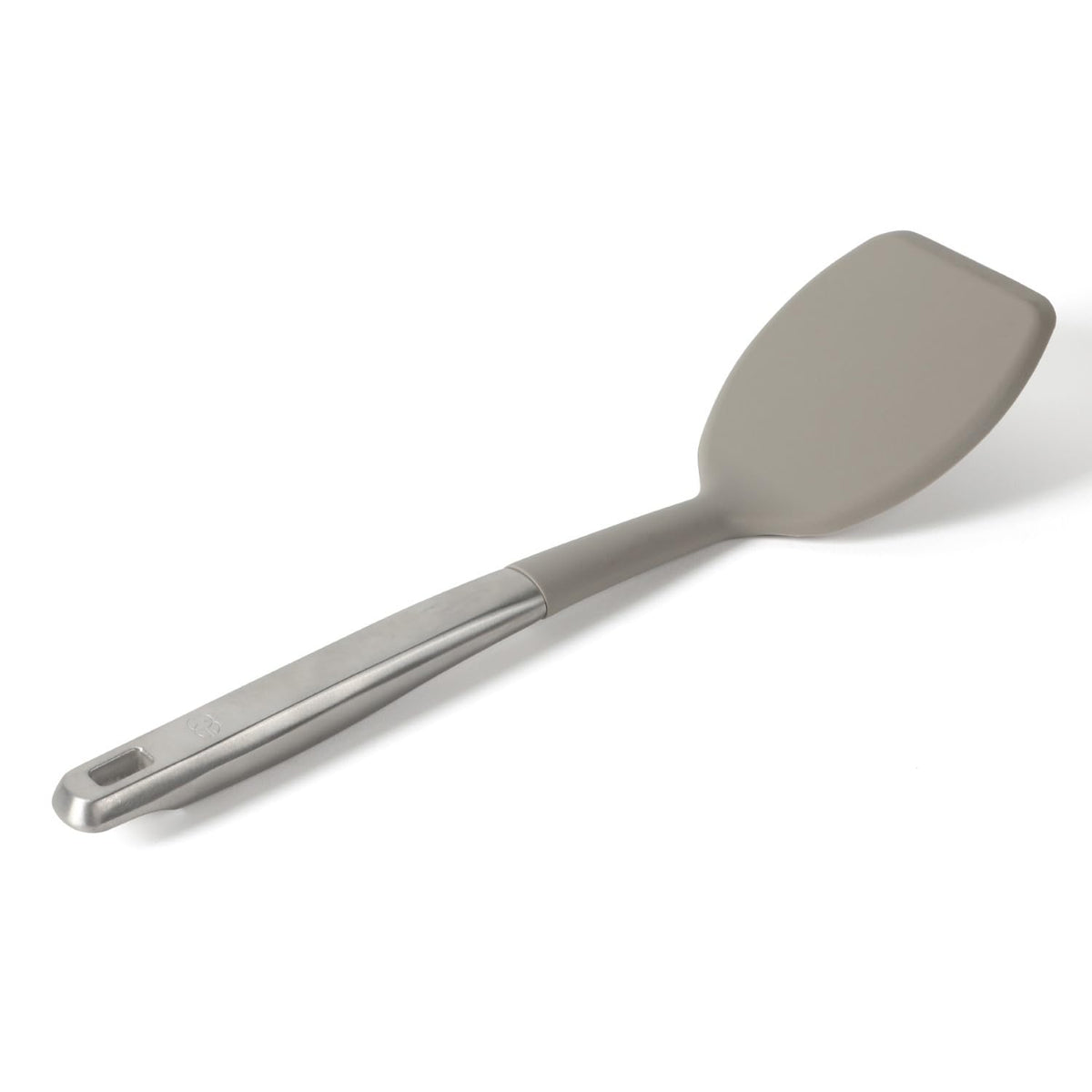 Calphalon Prime turner with taupe silicone head protects nonstick surfaces while flipping