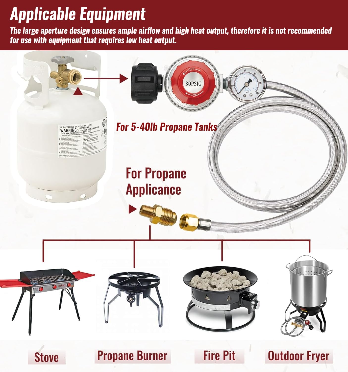 CALPOSE 0-30 PSI adjustable regulator supports versatile propane setups with smoother flame control.
