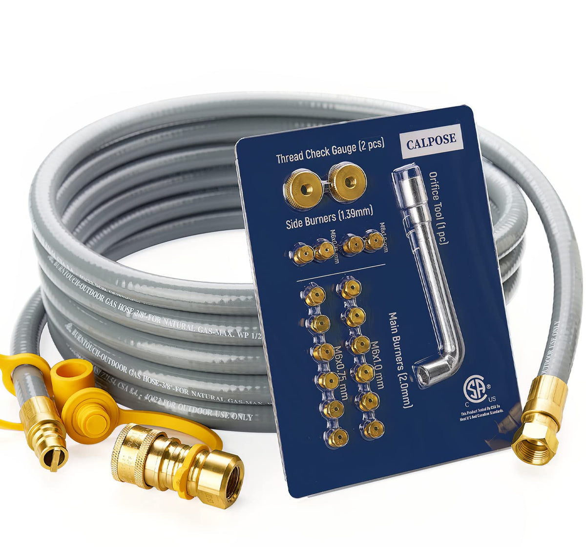 CALPOSE 15ft natural gas hose exterior view highlighting flexible outdoor-use design.