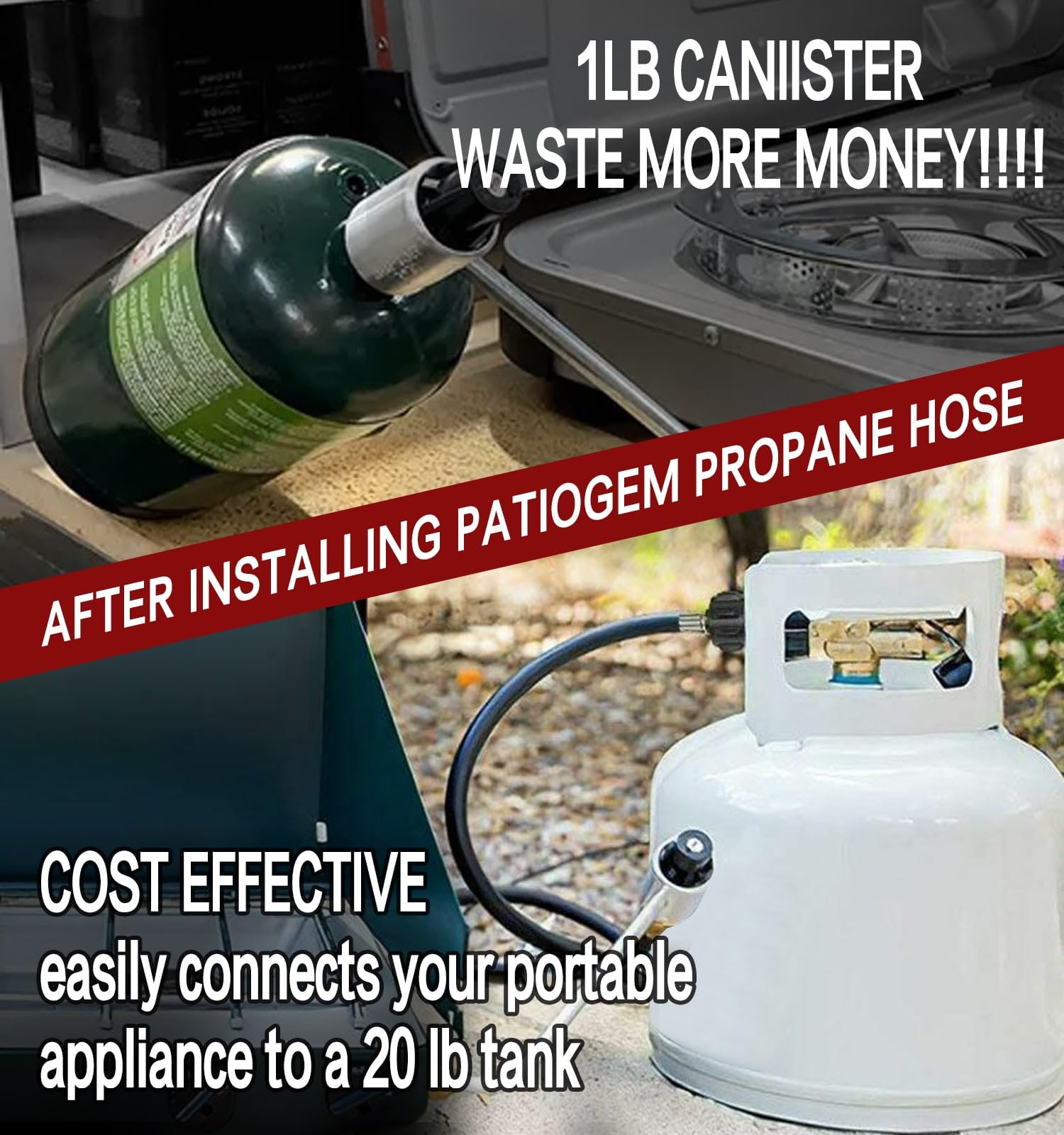 CALPOSE 1 lb to 40 lb adapter enables extended appliance use away from frequent tank swaps.