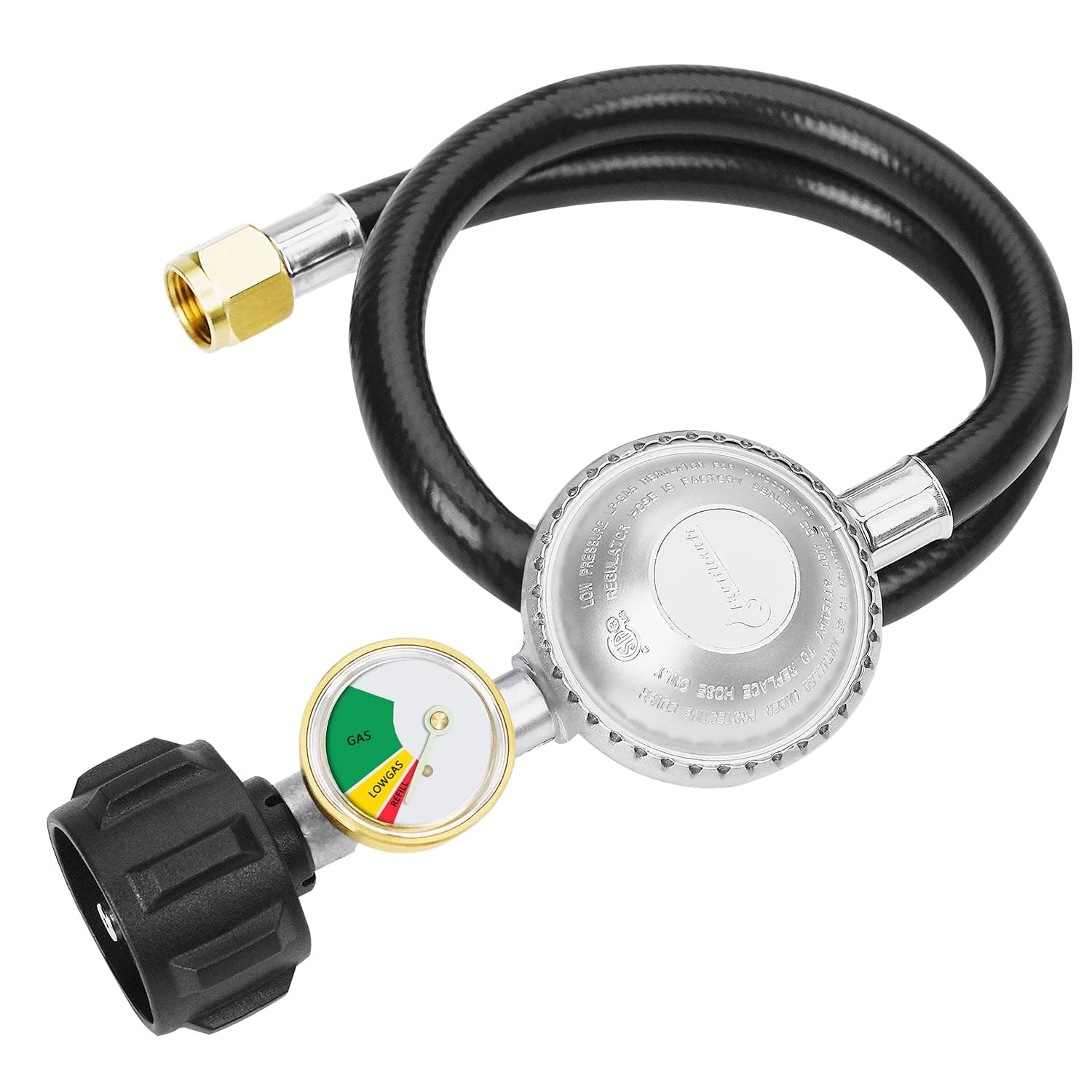 CALPOSE 2ft propane hose with regulator and gauge, showcasing reliable 3/8-inch flare for secure connection