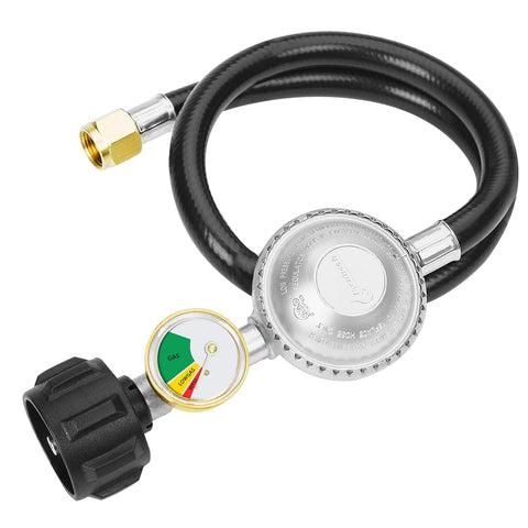 CALPOSE 2ft propane hose with regulator and gauge, showcasing reliable 3/8-inch flare for secure connection