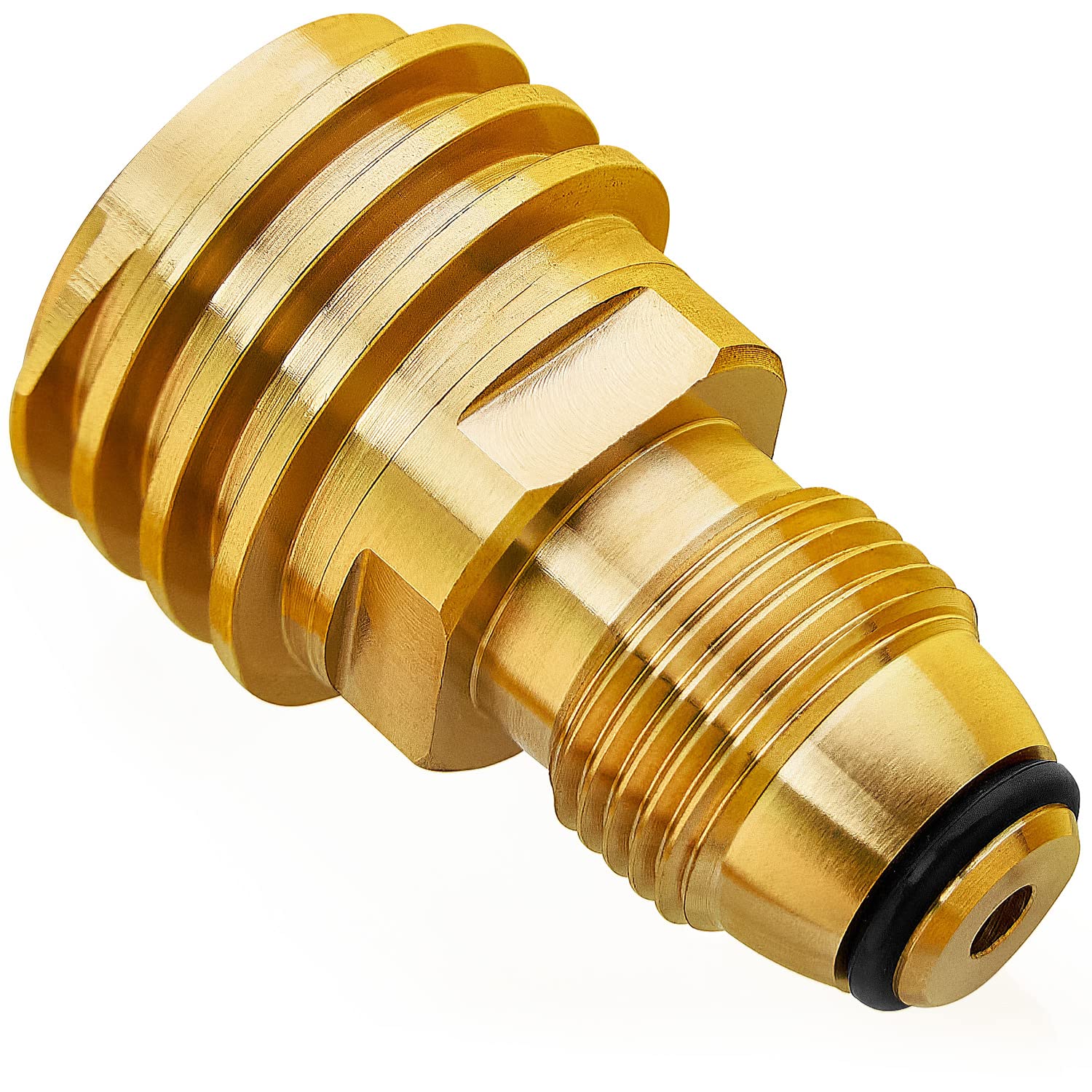 CALPOSE POL to QCC1 adapter, front view, smooth connection to propane hoses for grills