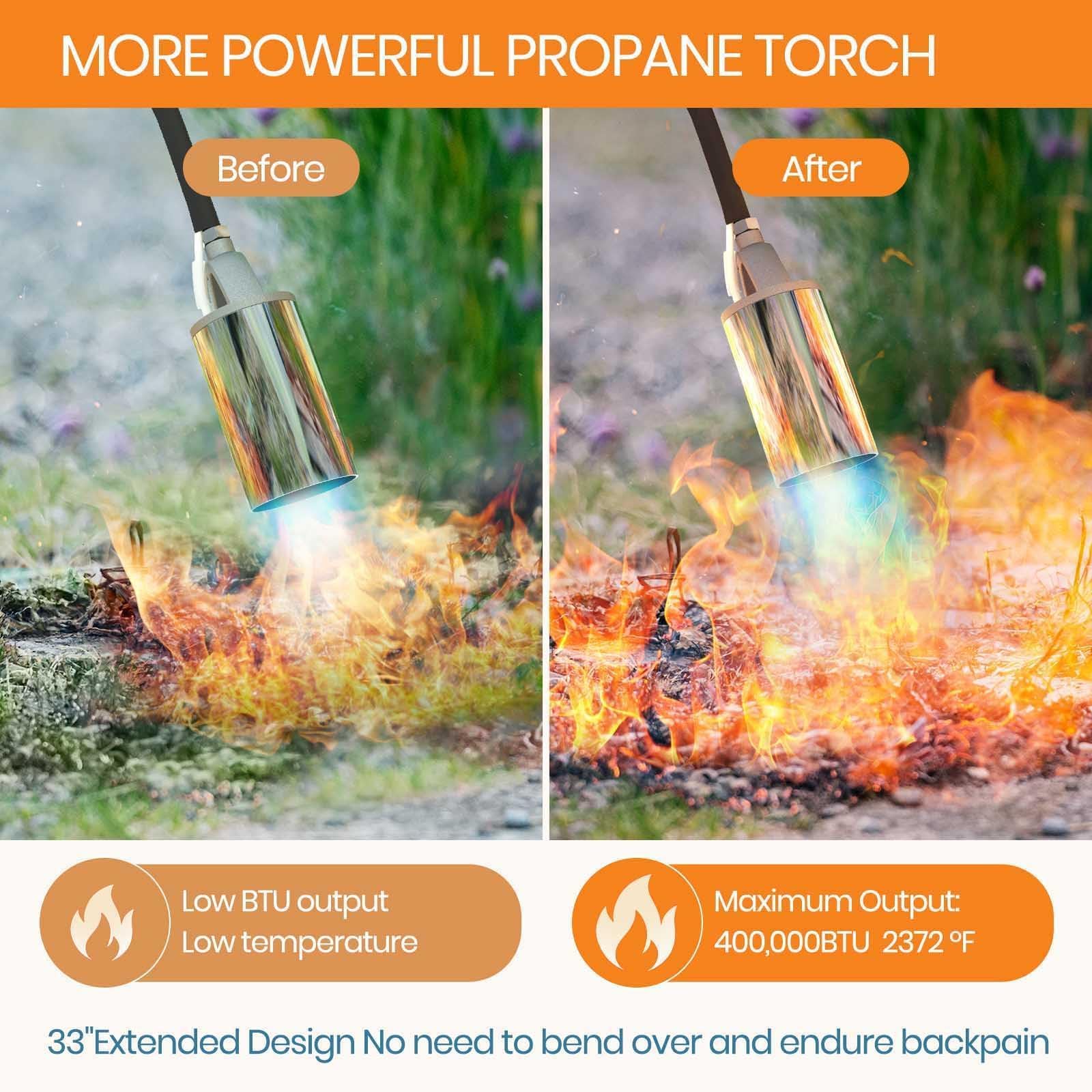 CALPOSE propane torch with 12ft hose extended for safe outdoor use.