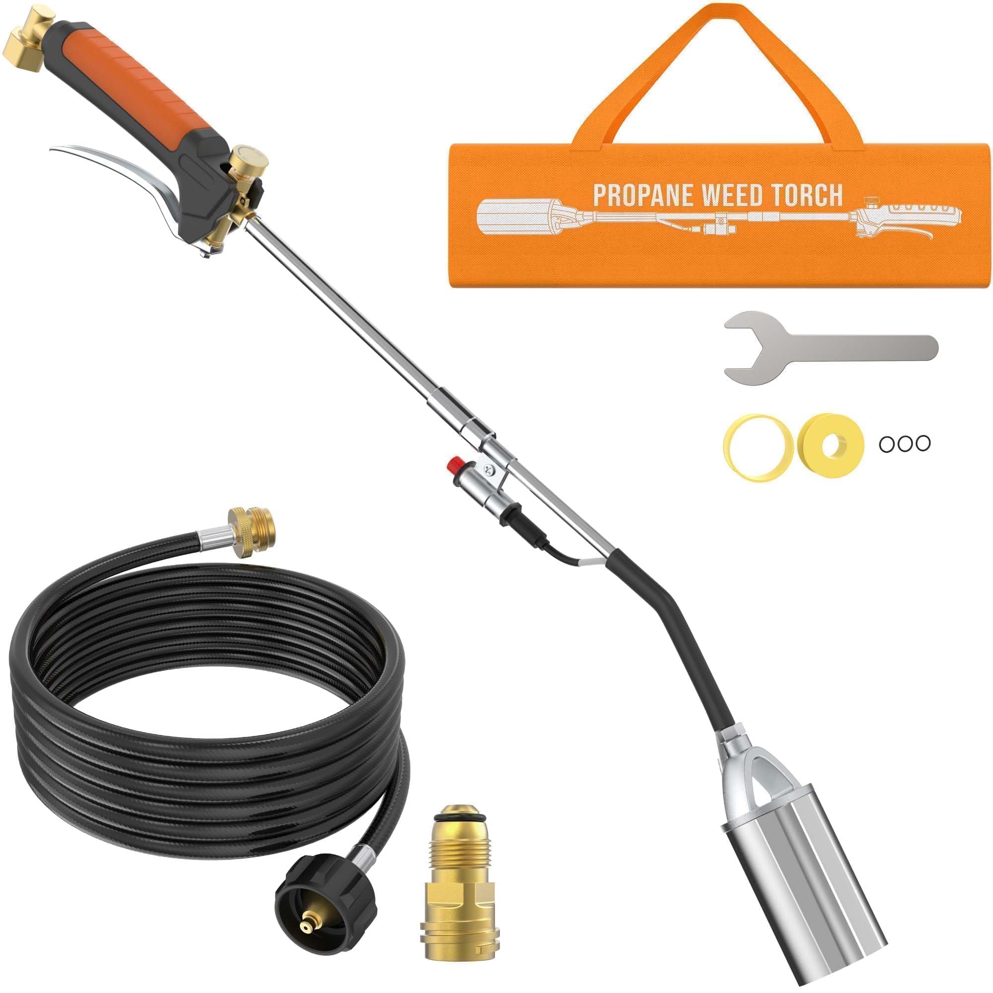 CALPOSE propane torch head in use with strong flame for weed control.