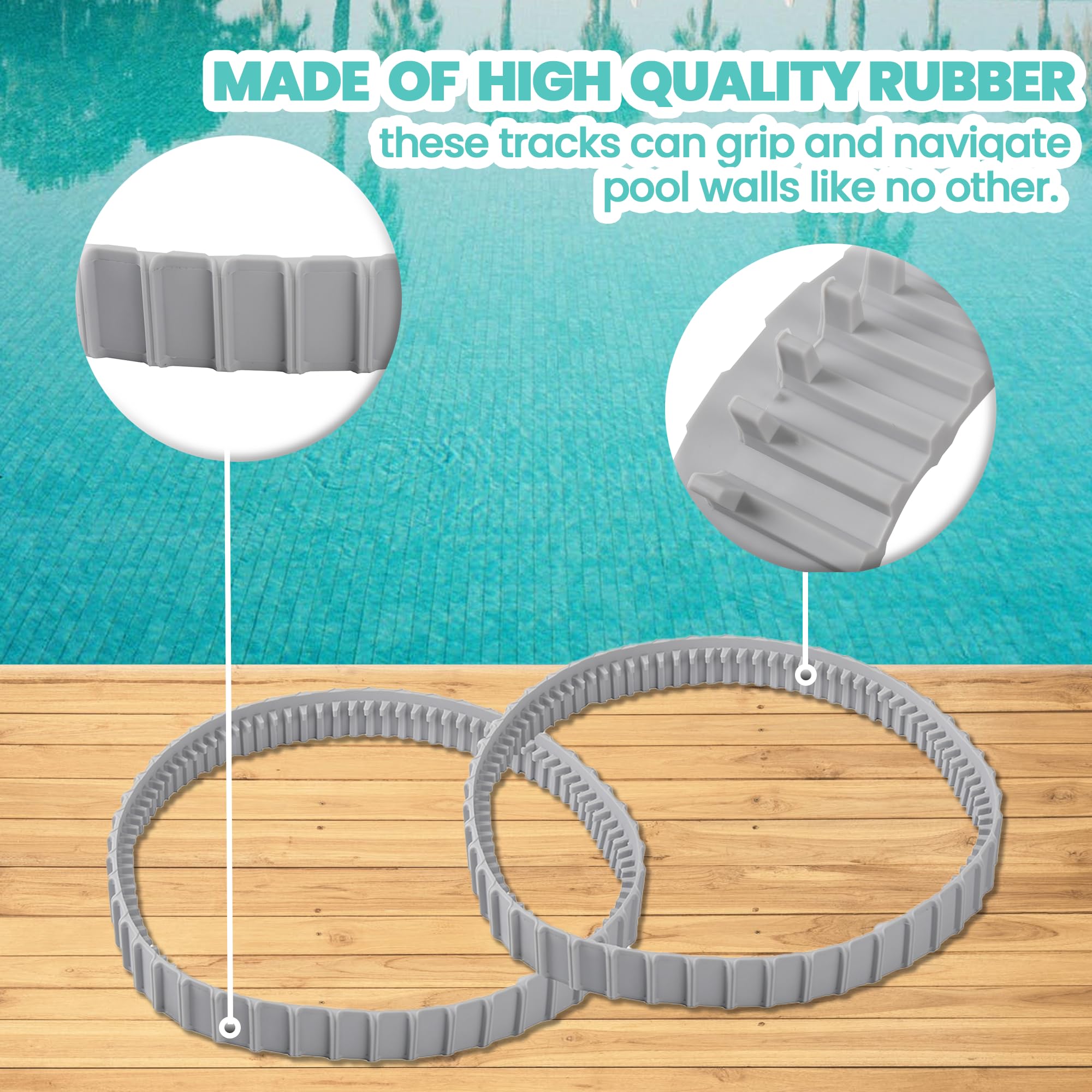 Calvana durable rubber tracks withstand wear and pool debris.