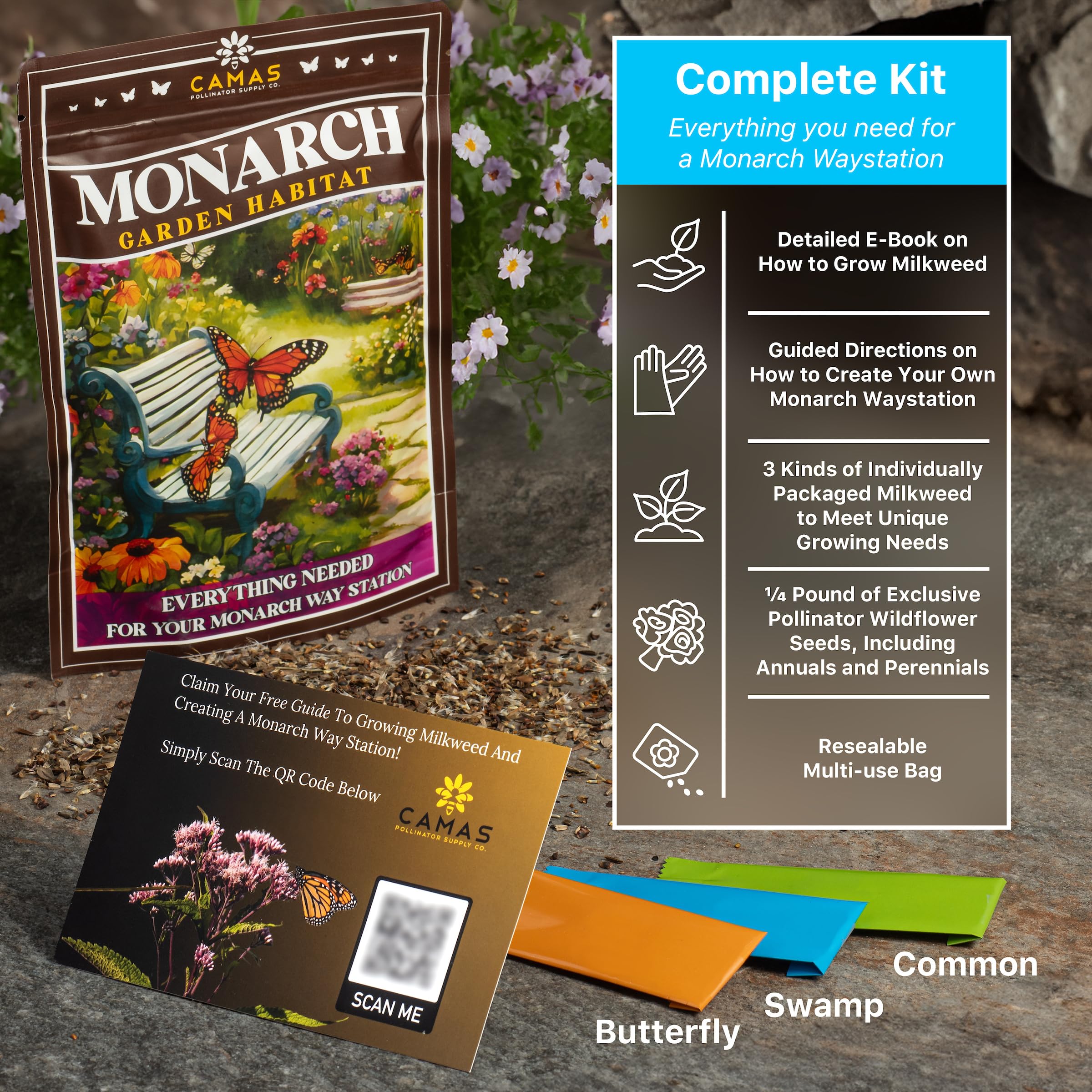 CAMAS Pollinator Kit wildflower seeds attract bees and butterflies for biodiversity.