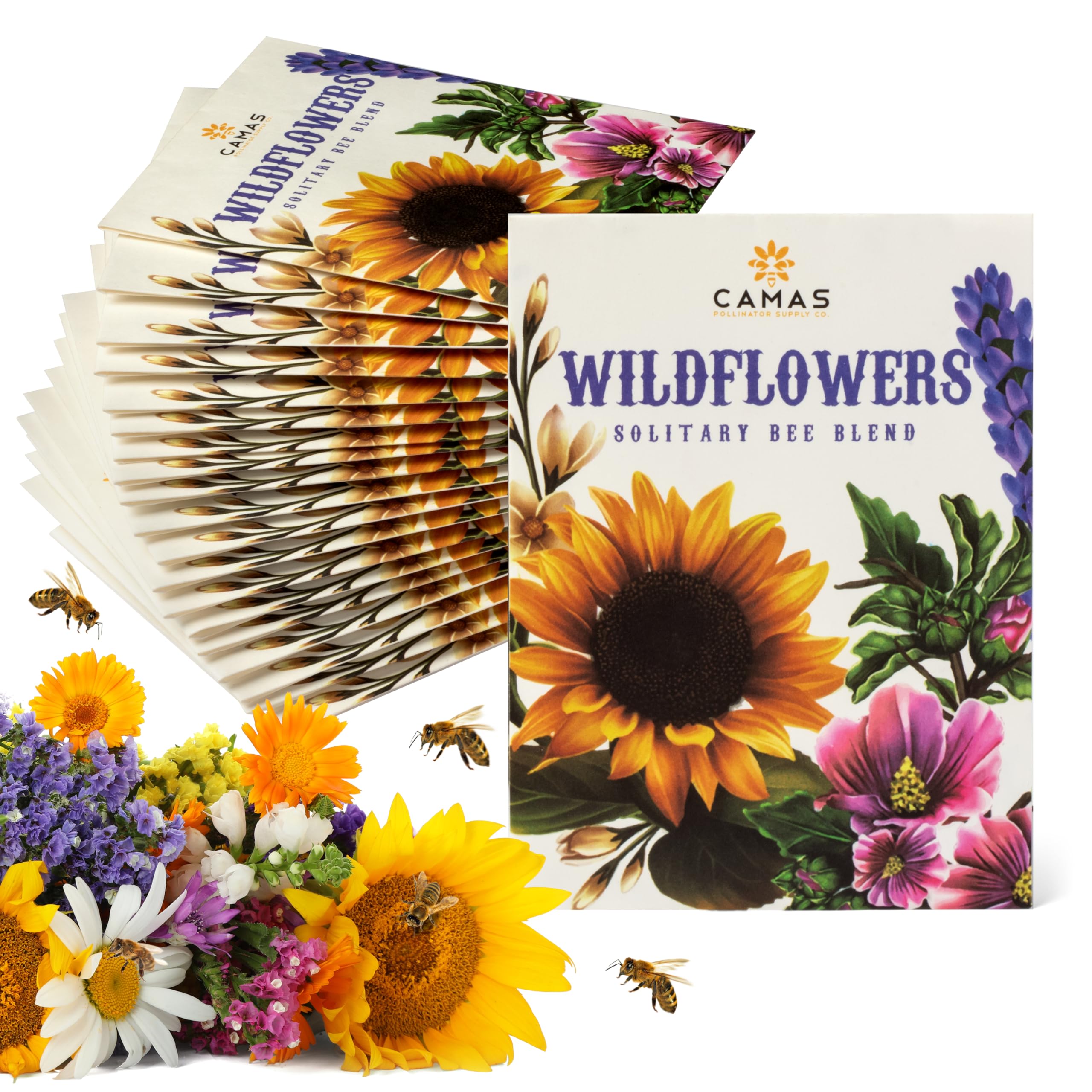 Camas pollinator seed packets display 11 varieties for a vibrant, pollinator-friendly garden.