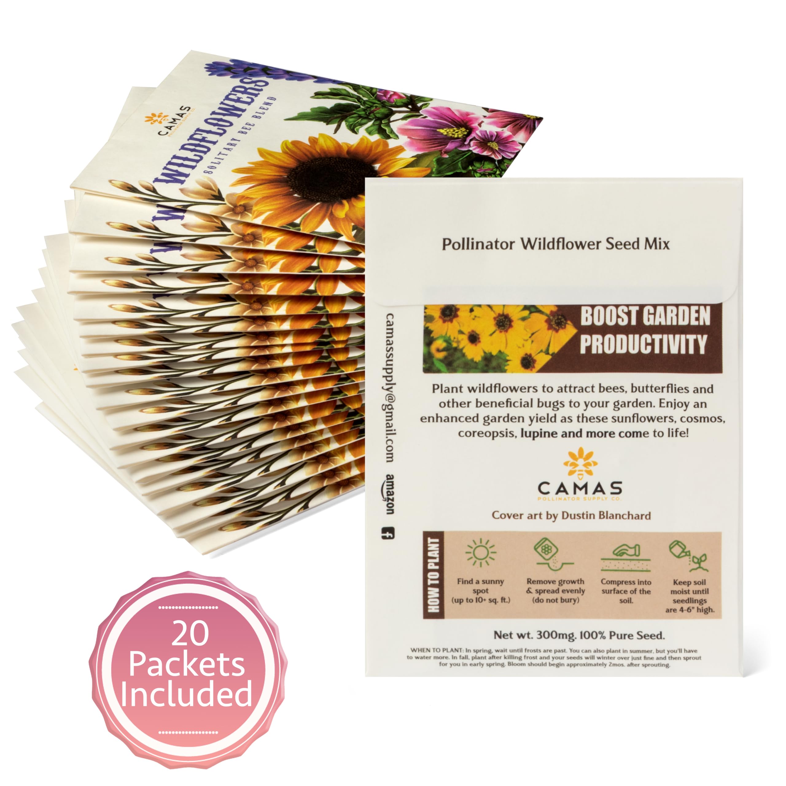 Camas pollinator seed packets with wildflower mix for easy garden color.