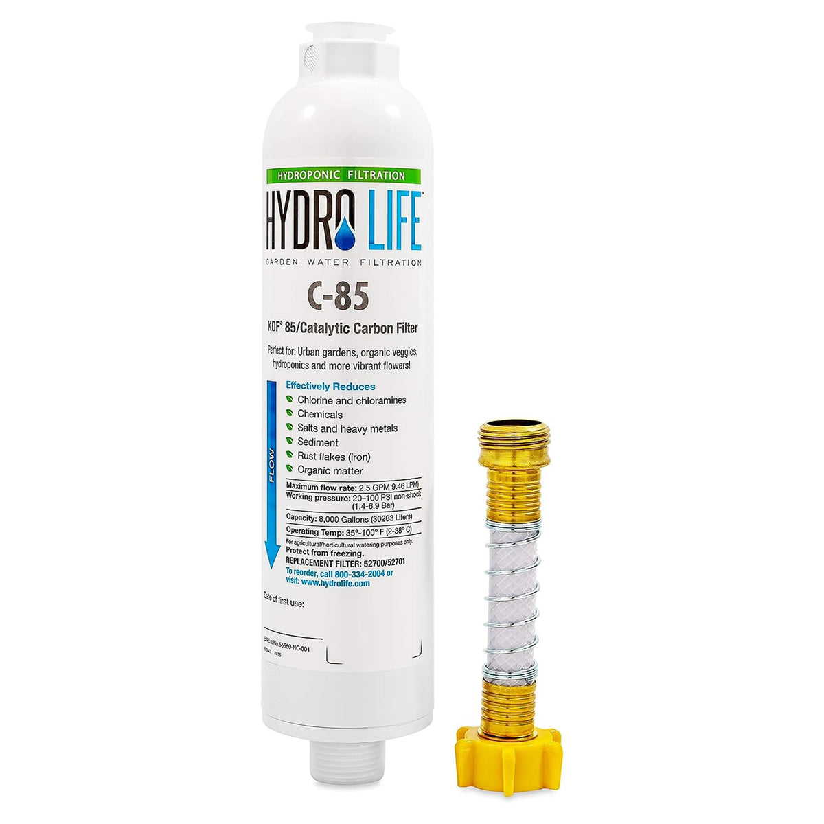 Camco Hydro Life 52700 inline filter in a garden irrigation setup for cleaner water
