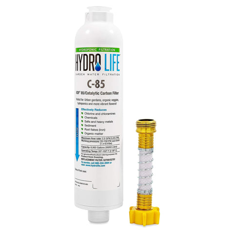 Camco Hydro Life 52700 inline filter in a garden irrigation setup for cleaner water
