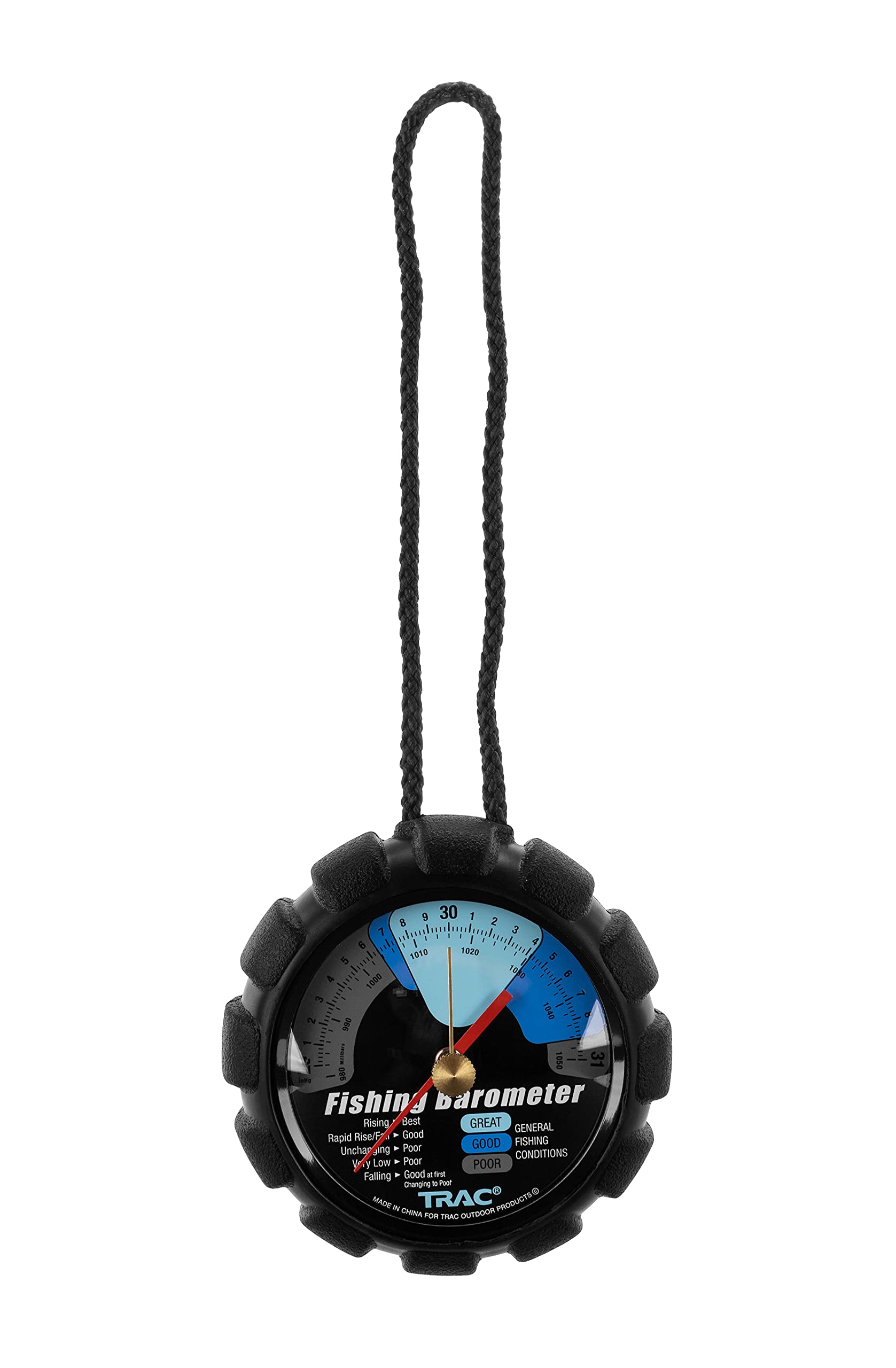 Camco TRAC Outdoors barometer calibration image showing local pressure calibration for accurate readings.