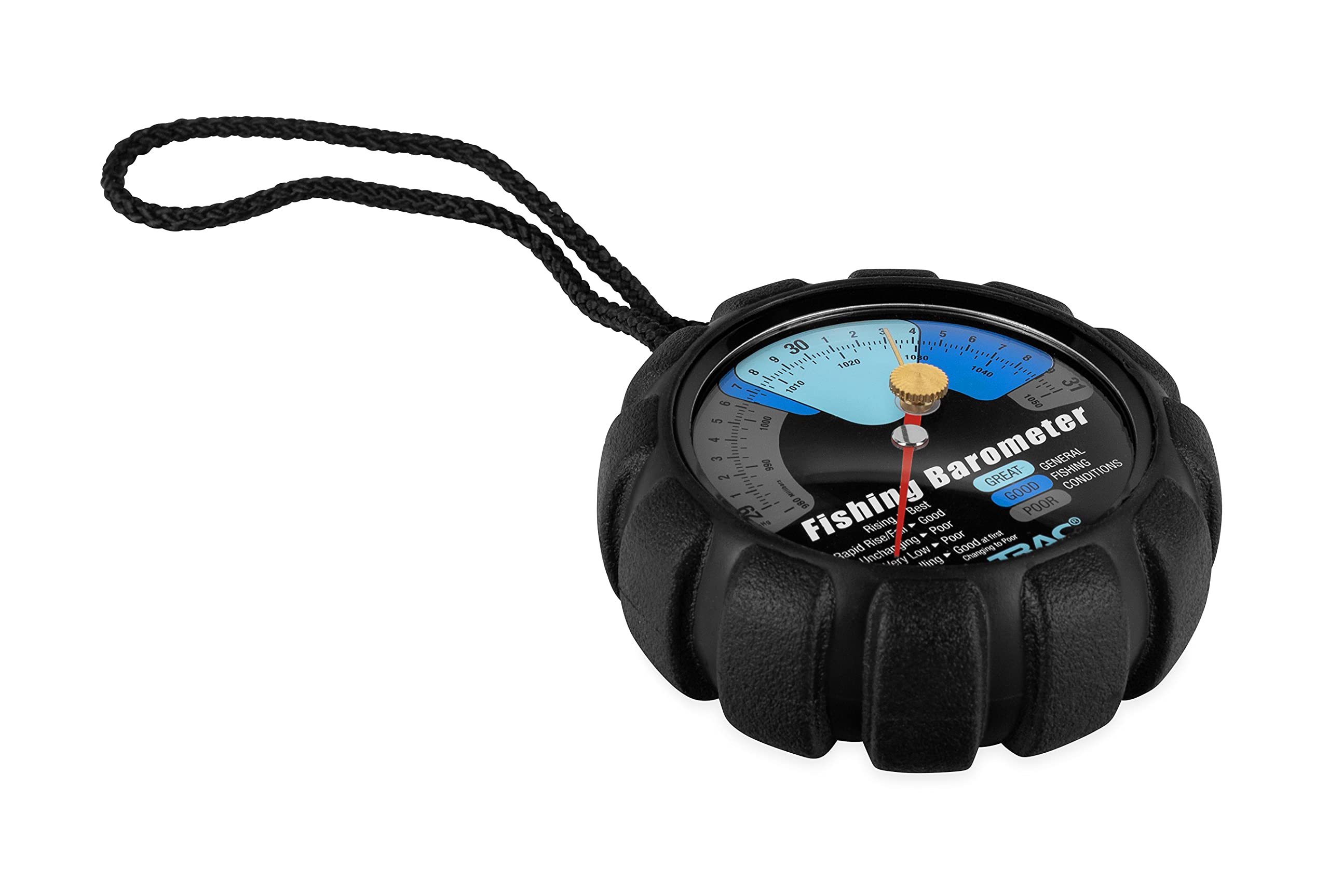 Camco TRAC Outdoors barometer color dial detail highlighting great, good, or poor fishing signals.