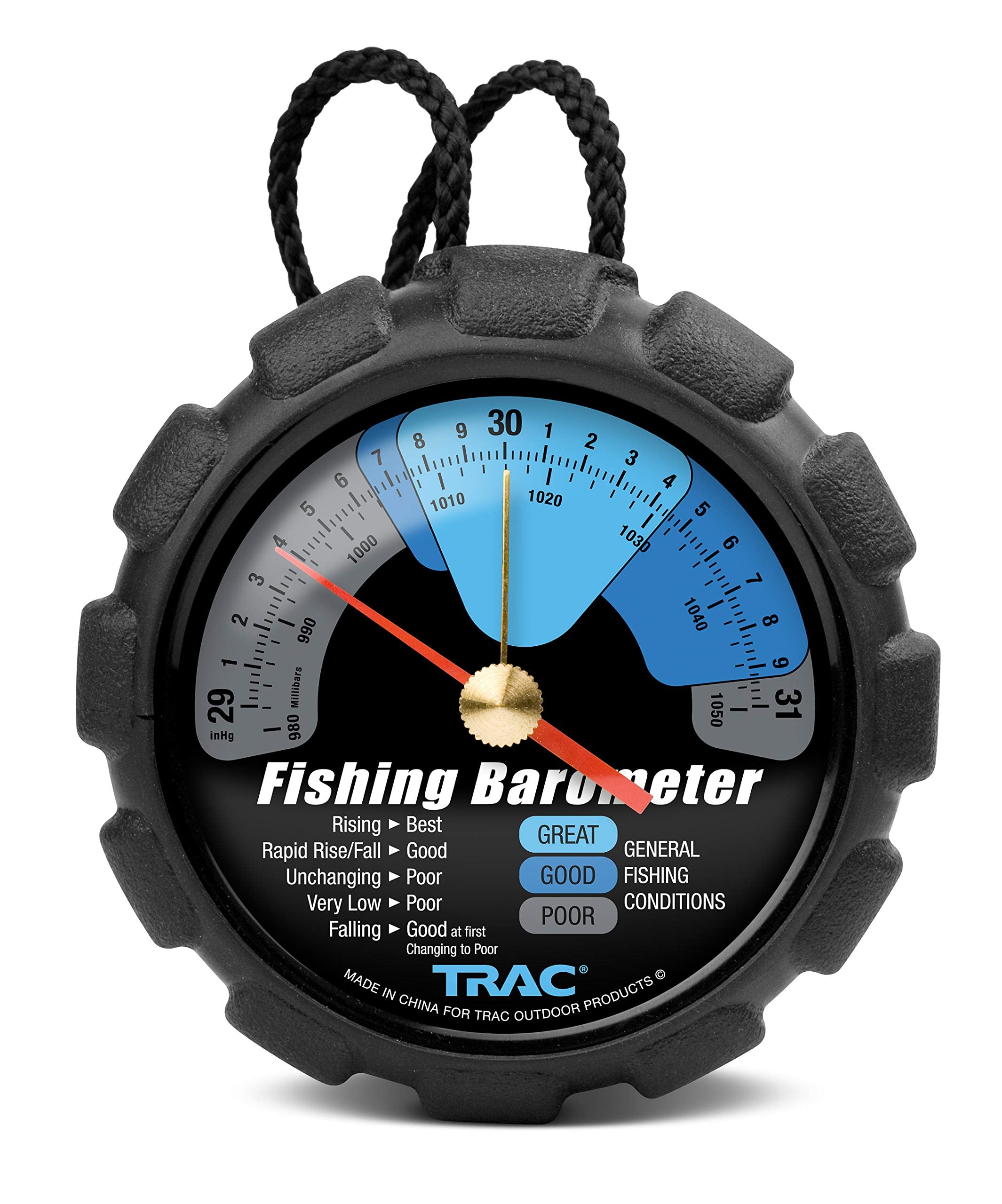 Camco TRAC Outdoors fishing barometer dial close-up with color-coded indicators for fishing conditions.