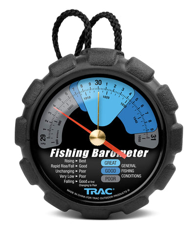 Camco TRAC Outdoors fishing barometer dial close-up with color-coded indicators for fishing conditions.