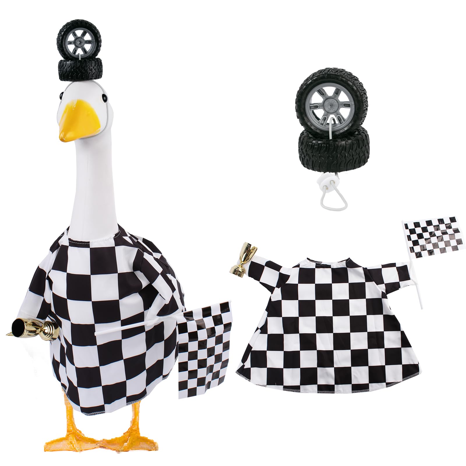 Camduck goose race car driver costume on porch goose enhances eye-catching yard decor