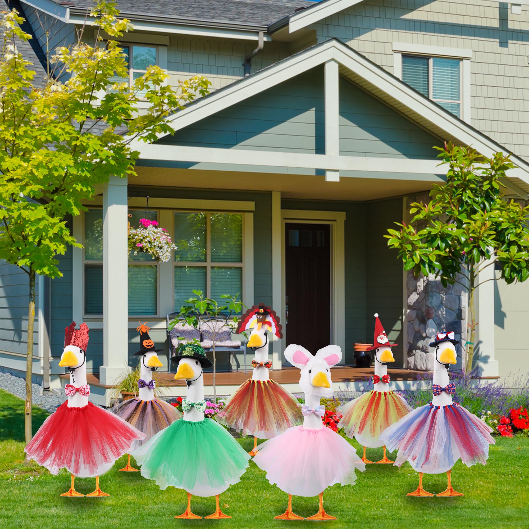 CAMDUCK goose tutu skirt adds playful movement to yard decor.
