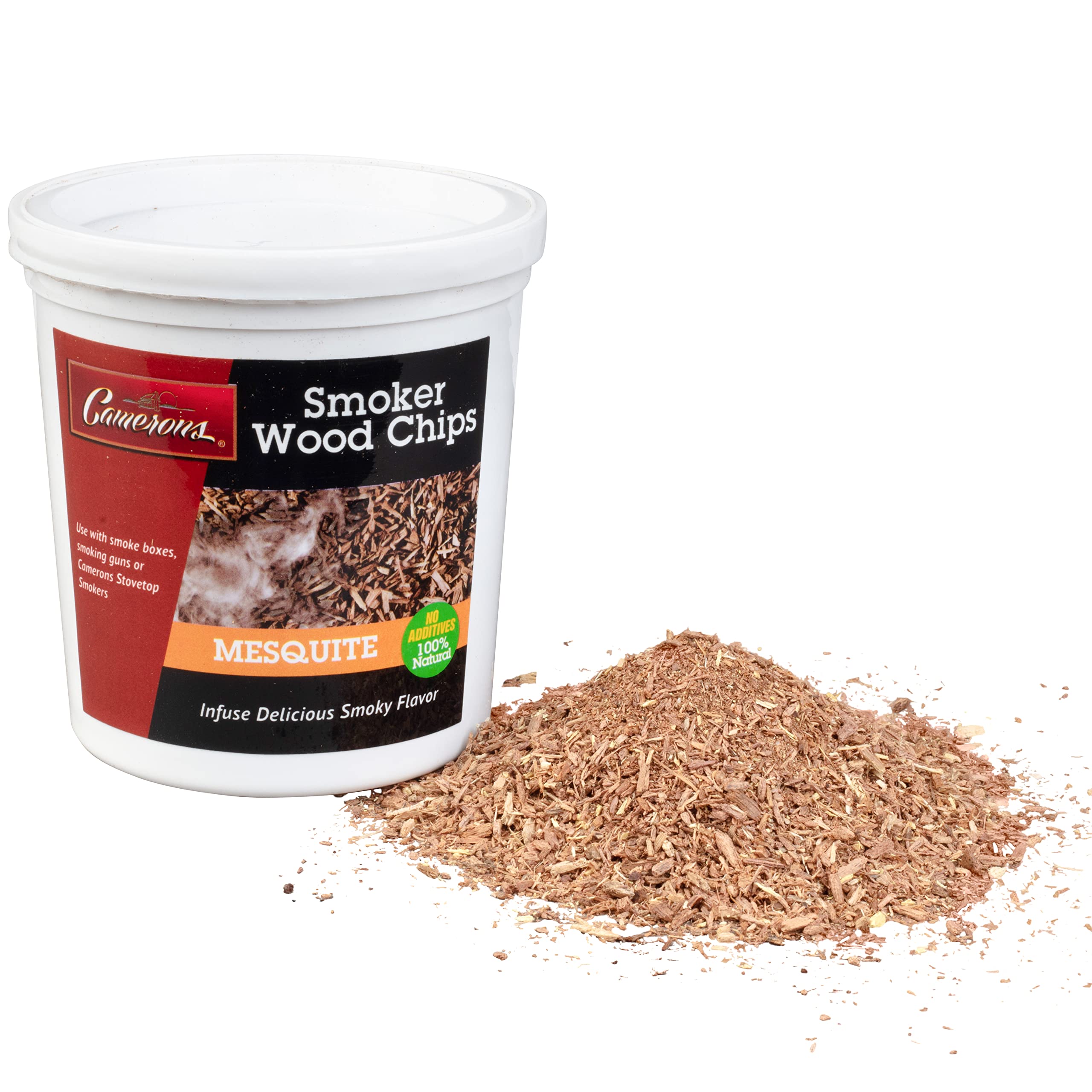 Camerons all natural extra-fine mesquite chips pour for quick, even smoke flavor.