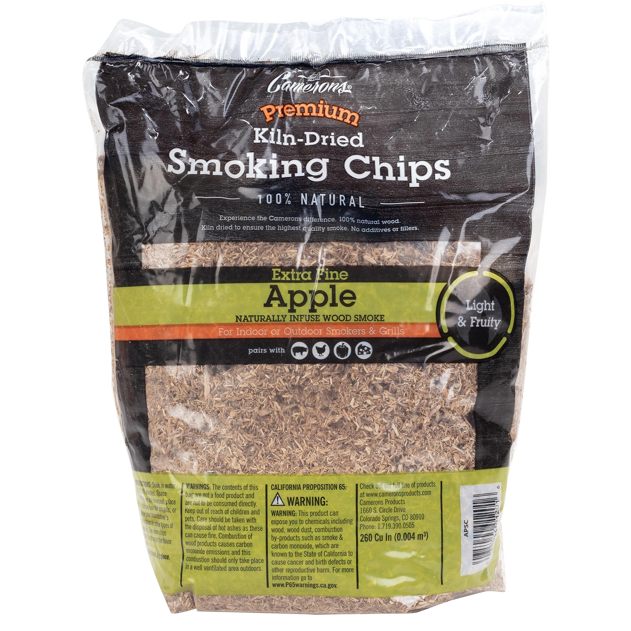 Camerons apple BBQ wood chips bag displaying product for quick, mild smoke flavor.