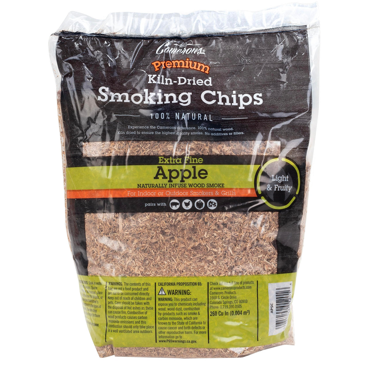 Camerons apple BBQ wood chips bag displaying product for quick, mild smoke flavor.
