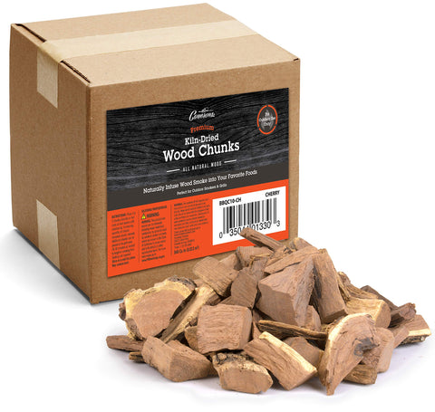 Camerons Cherry Wood Chunks in a box ready for smoking, delivering balanced flavor.