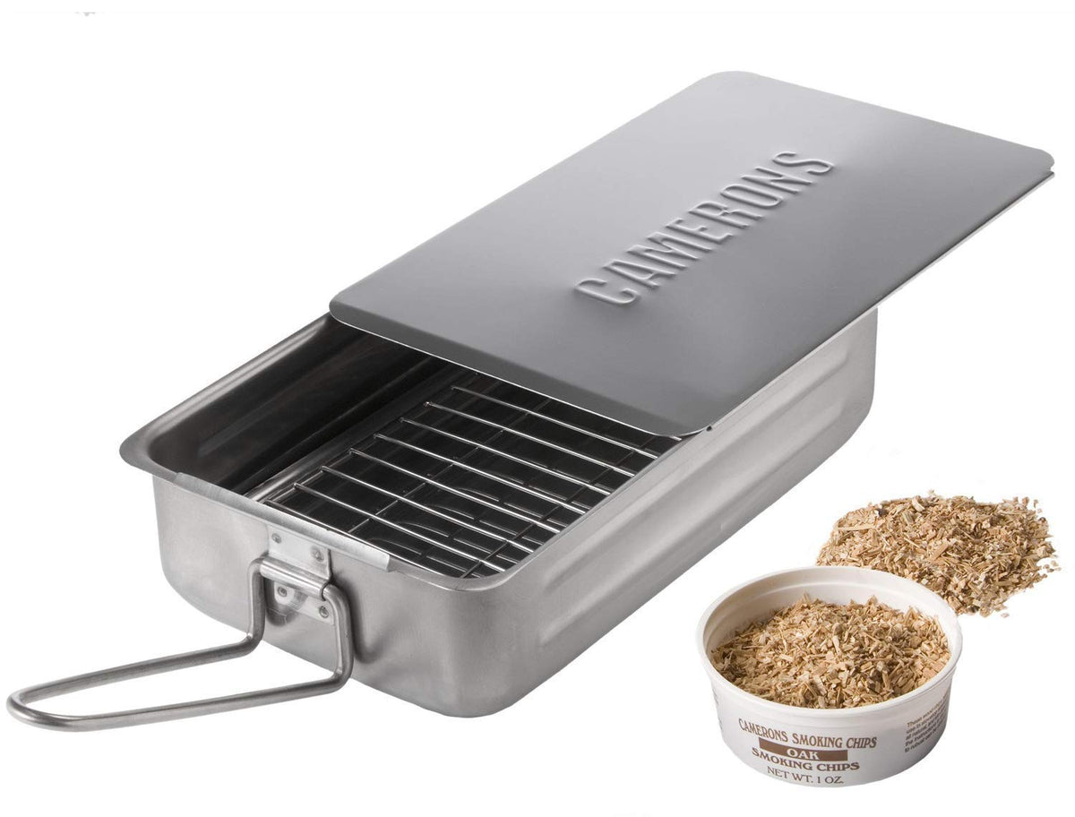 Camerons Gourmet Mini Stovetop Smoker on stove for aromatic, home-smoked meals.